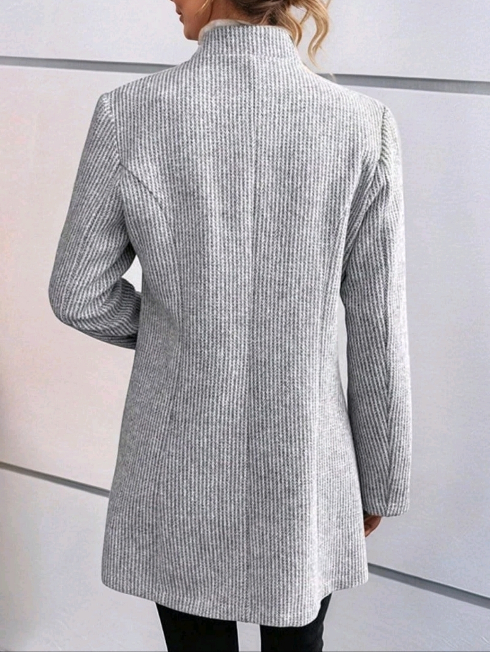 Grey Ribbed Single-Button Long Blazer Coat - Picture 5 of 12